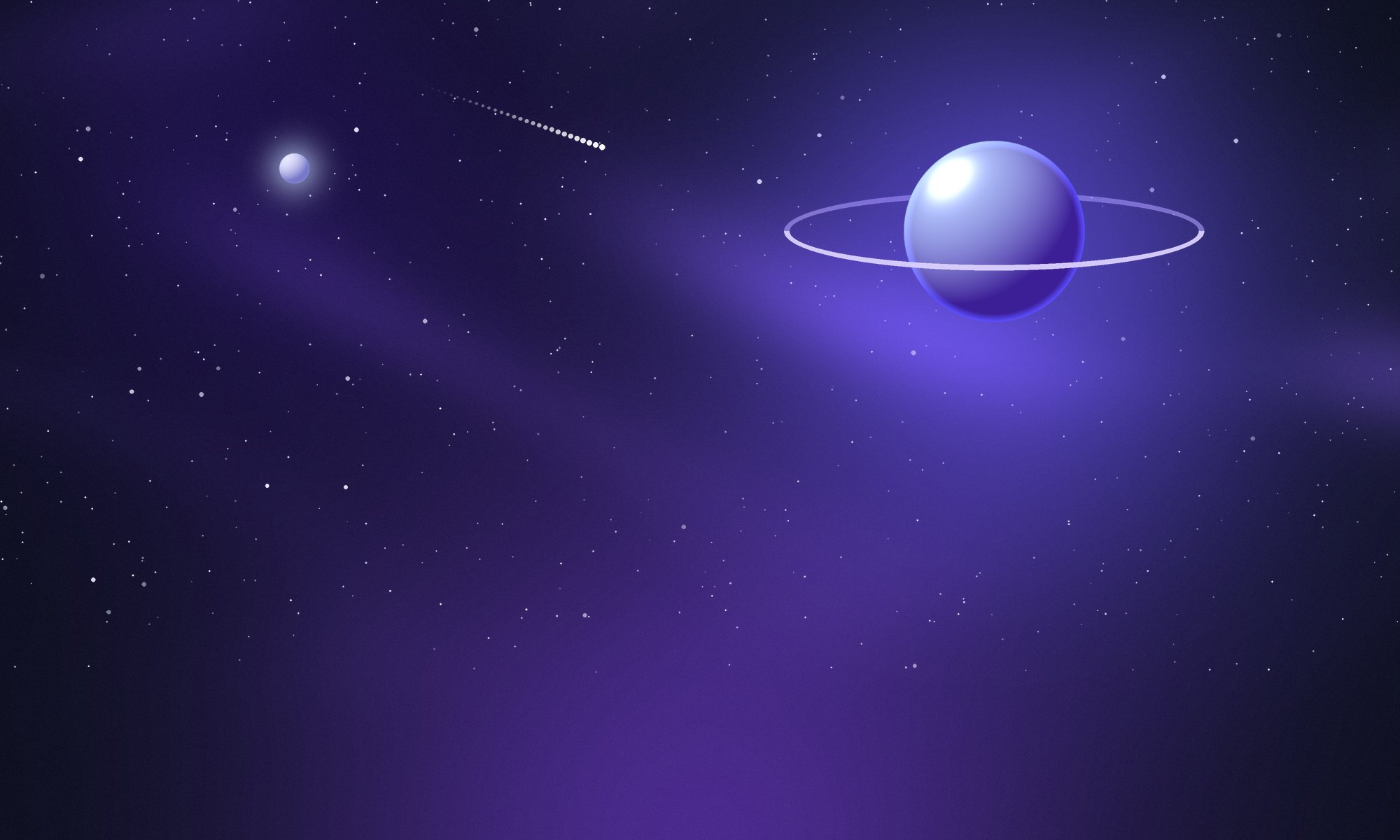 Night sky with a ringed planet over mountain ridges