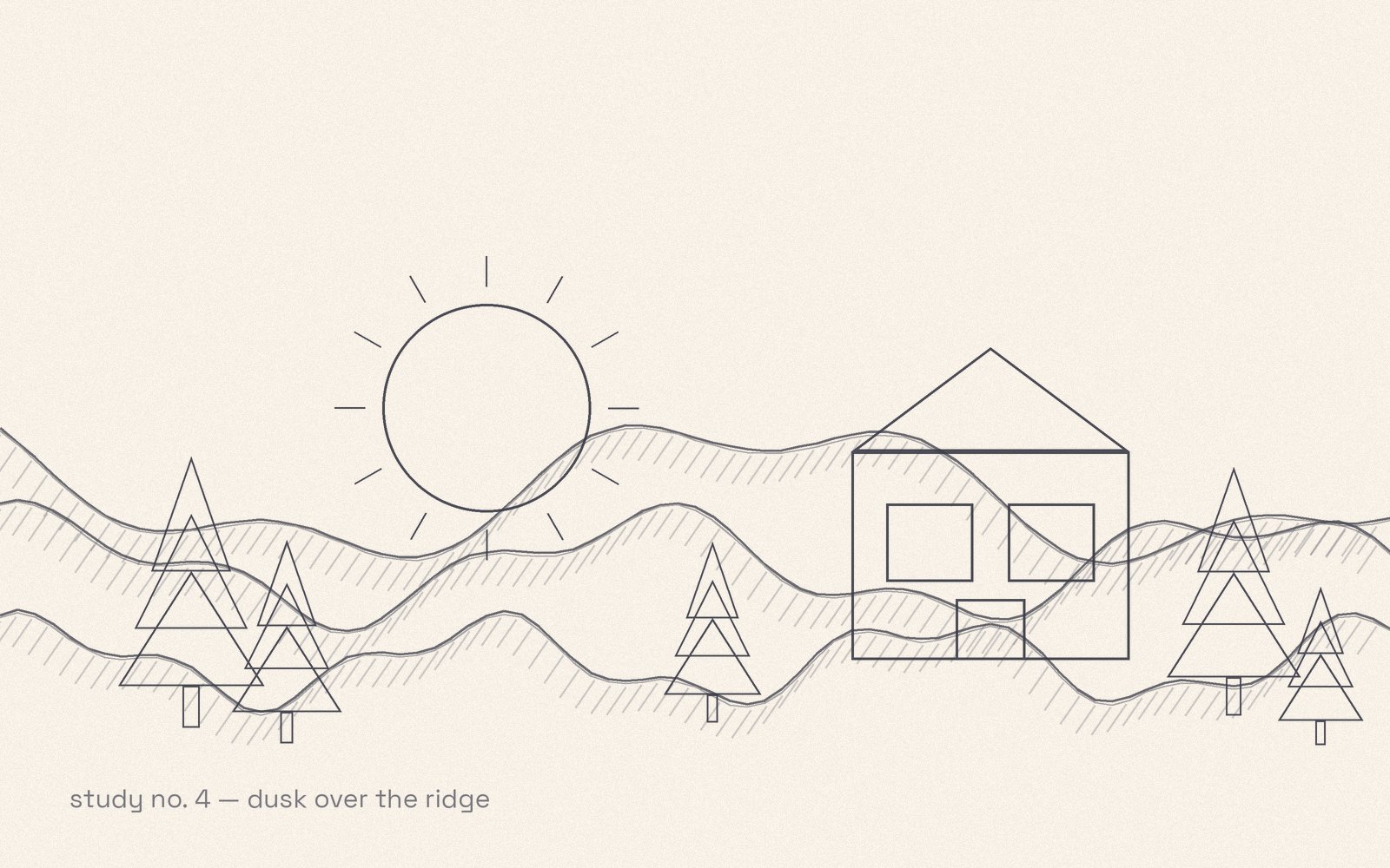 Pencil sketch of a house on a ridge at dusk